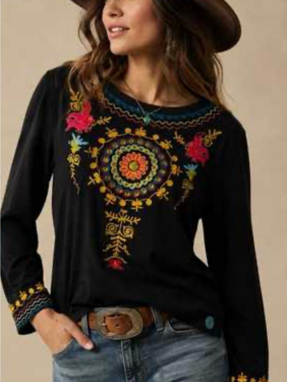 Double D Ranch Black Long-Sleeve Embroidered Mandala Top Size M